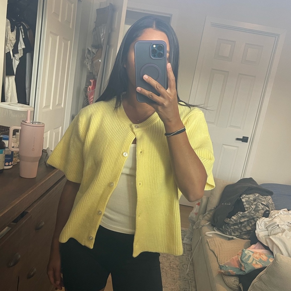Yellow Short Sleeve Cardigan Sweater